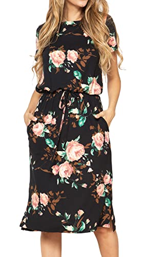 Product Image of the Womens Spring Summer Funeral Outfit Work Casual Tshirt Midi Dress Floral Black M