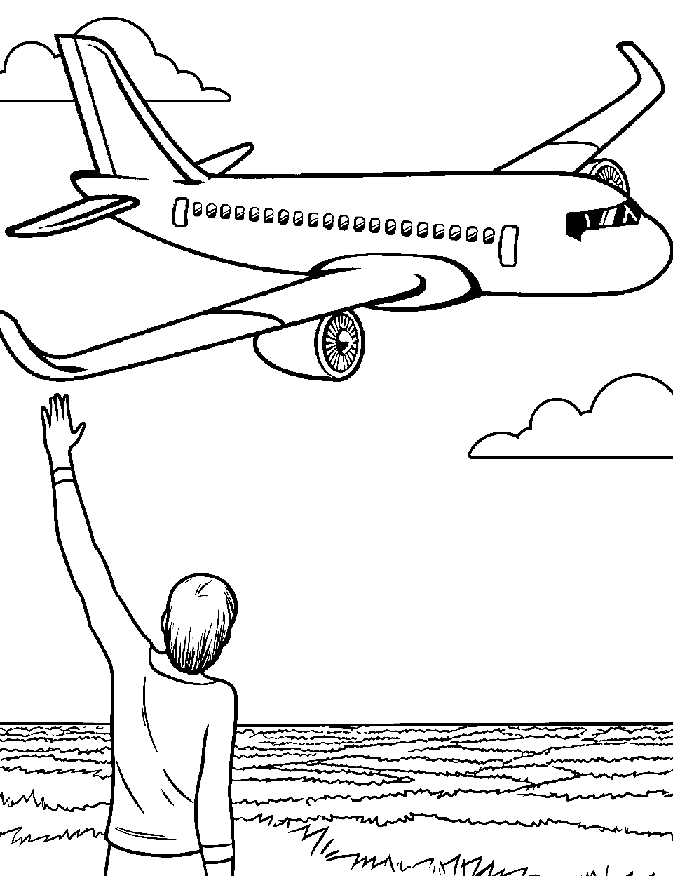 Departure Day Airplane Coloring Page - A guy waving at an airplane departing in the sky.