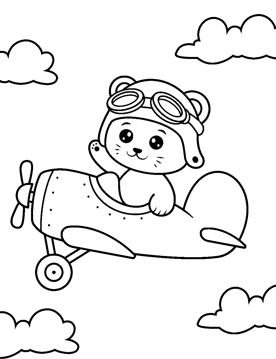 Cartoon Animal Pilot Airplane Coloring Page - A cartoon animal piloting a small airplane.