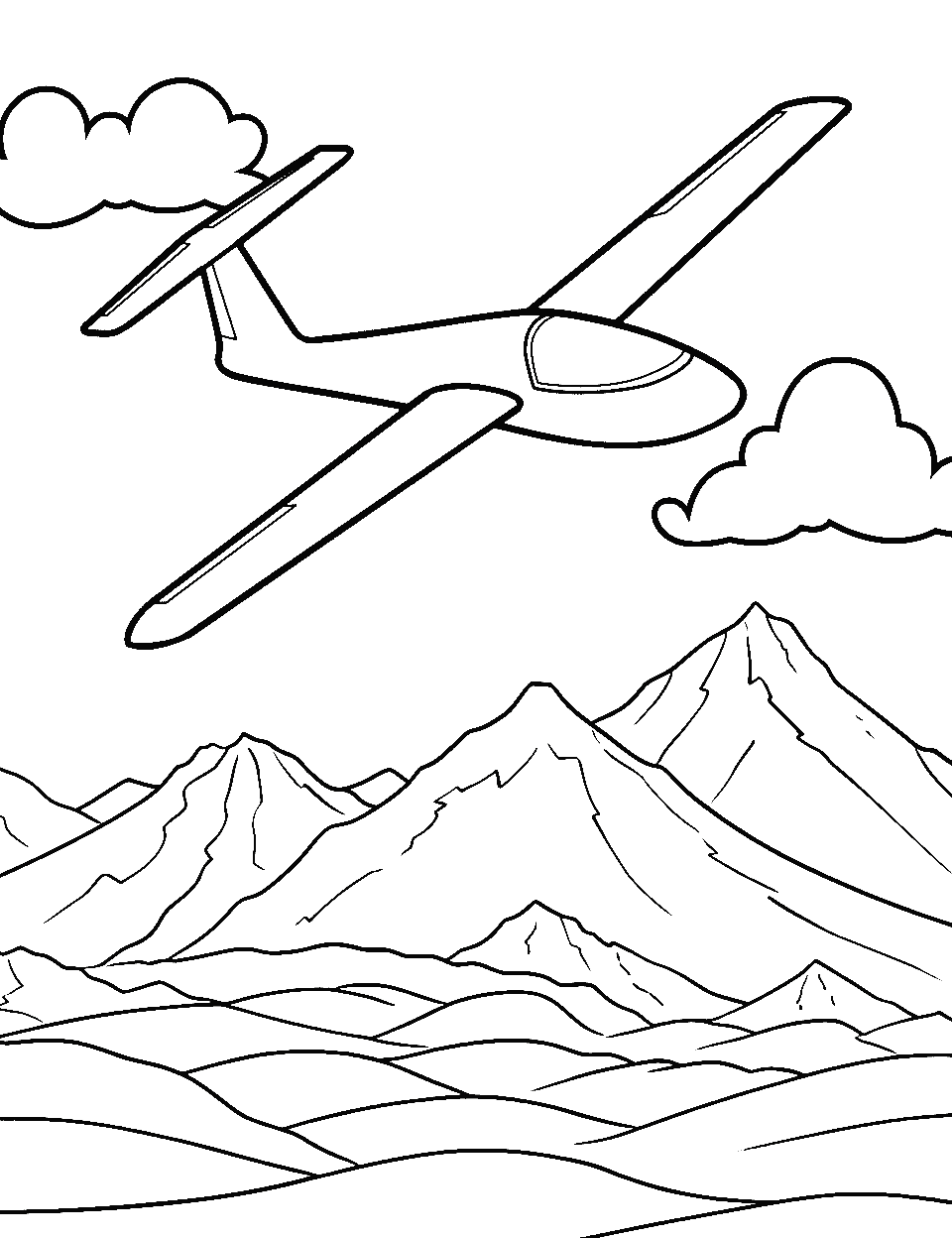 Glider Over Mountains Airplane Coloring Page - A glider silently soaring over a mountain range.