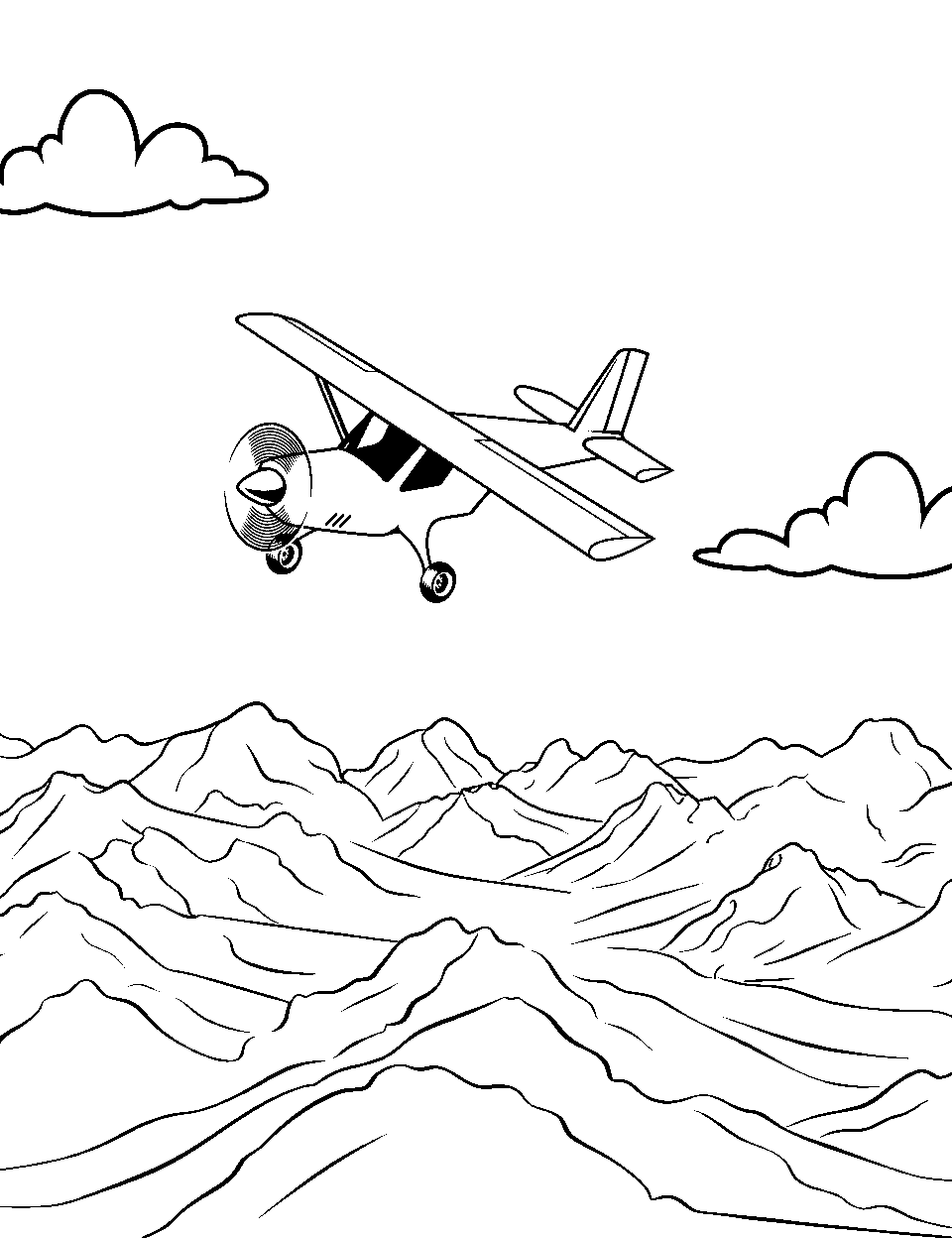 Flight Over the Poles Airplane Coloring Page - A plane flying over a snowy polar region.