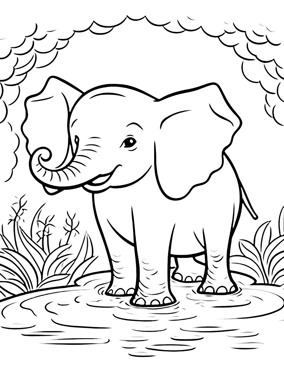 Jungle Elephant Bath Animal Coloring Page - An elephant playfully splashing water on itself in a jungle river.