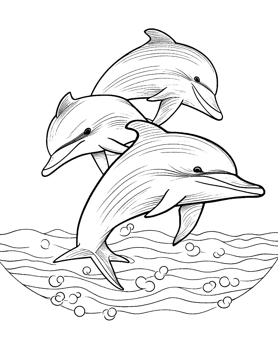 Playful Dolphin Pod Animal Coloring Page - A group of dolphins leaping and playing together in the ocean waves.