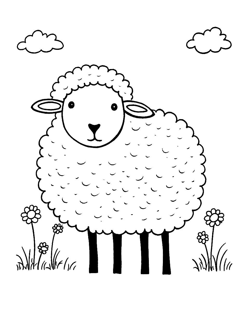 Fluffy Sheep Animal Coloring Page - A fluffy sheep grazing peacefully in a meadow.