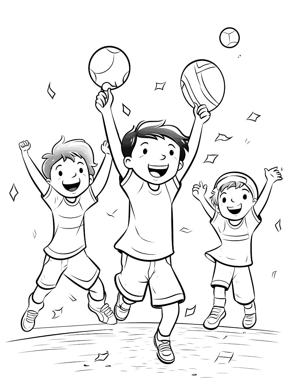 Happy Victory Celebration Baseball Coloring Page - A team of players jumping and celebrating a big win, with confetti in the air.