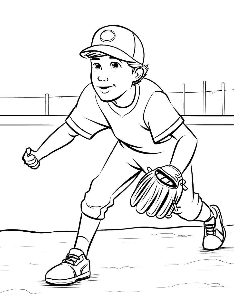 Fielding Practice Baseball Coloring Page - A player fielding a ground ball, with focus and determination on their face.