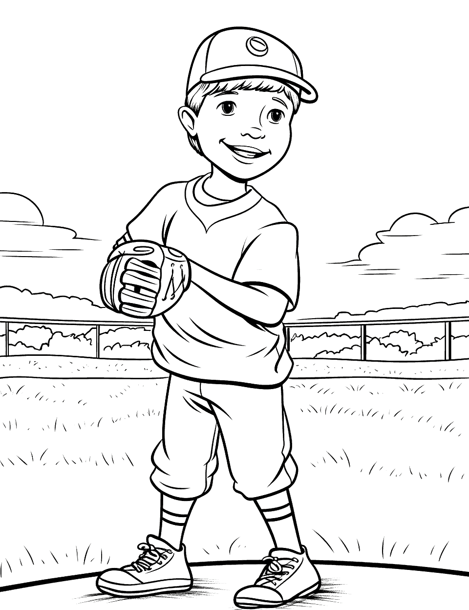 First Baseball Game Coloring Page - A child experiencing their first baseball game, wide-eyed and holding a glove, with the field in the background.