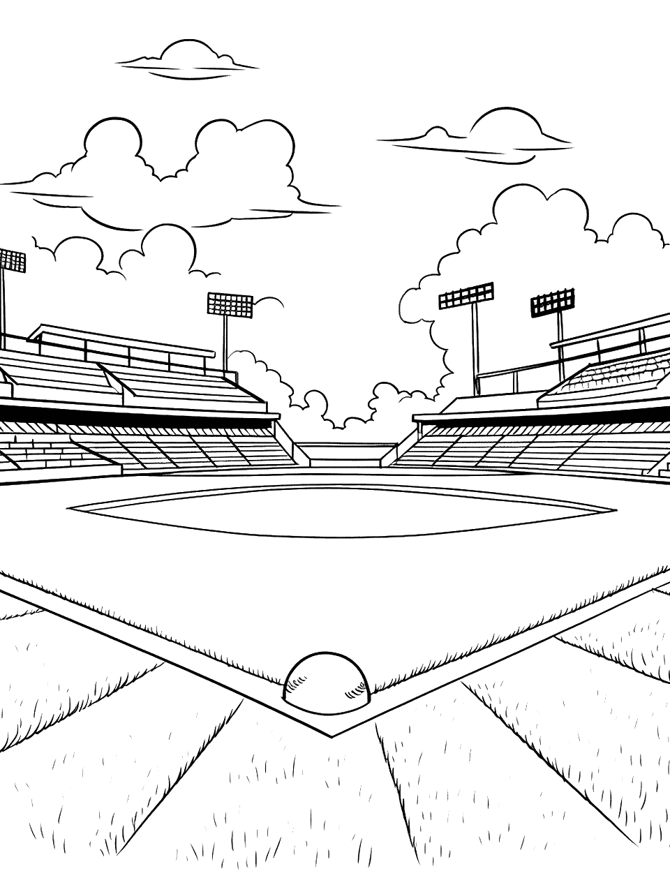 Sunny Day at the Baseball Field Coloring Page - A wide, simple view of a baseball field under a bright sun.