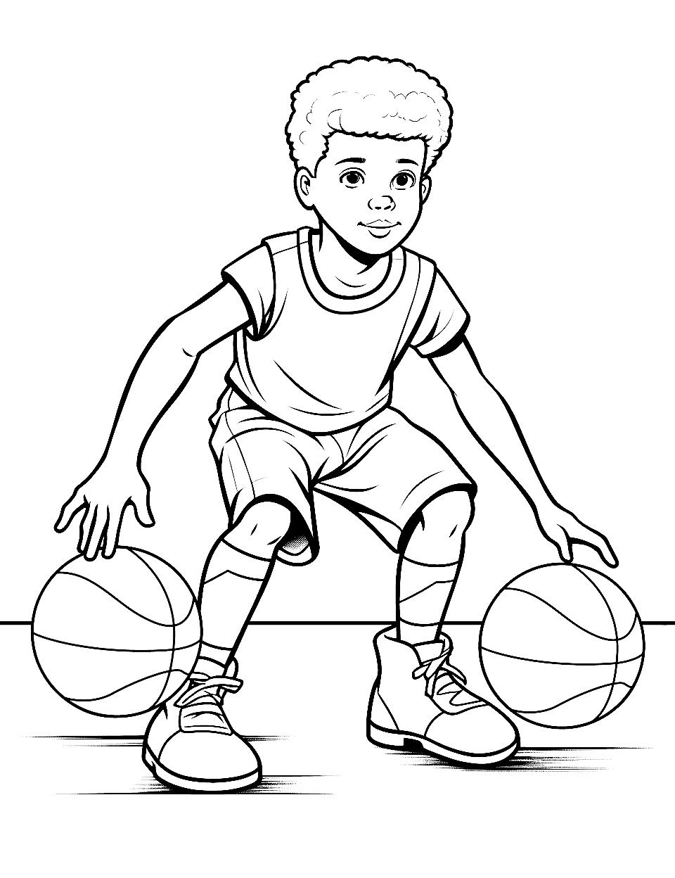 Focused Dribbling Exercise Basketball Coloring Page - A young player concentrating on dribbling skills.