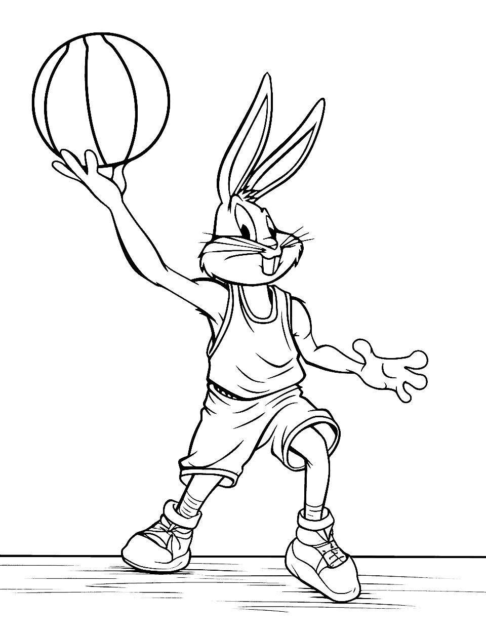 Space Jam Adventure Basketball Coloring Page - Bugs Bunny playing basketball, ready to throw out some tricks.