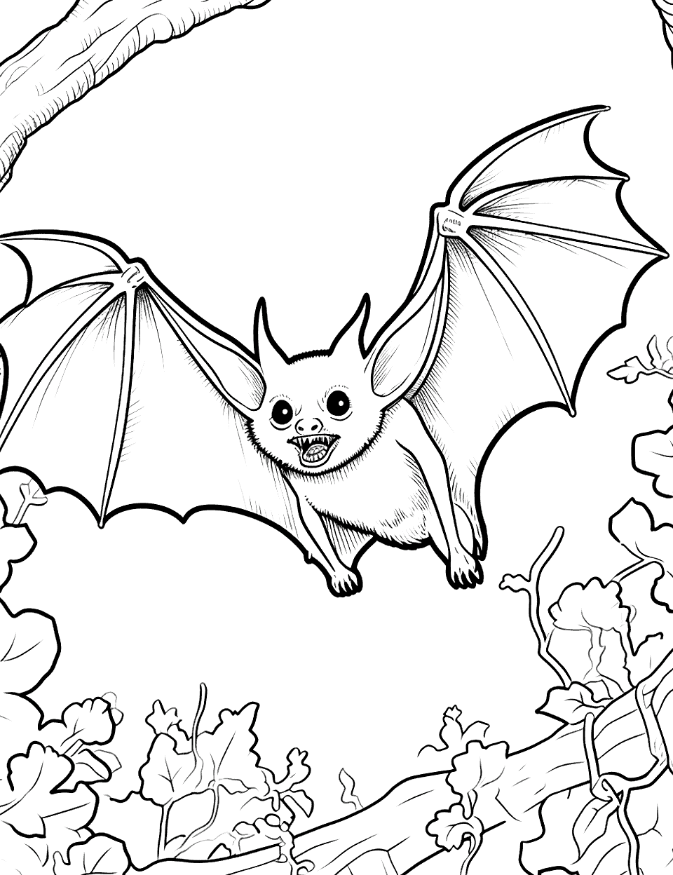 Yinpterochiroptera in its Habitat Bat Coloring Page - A Yinpterochiroptera bat in a simple representation of its natural habitat.
