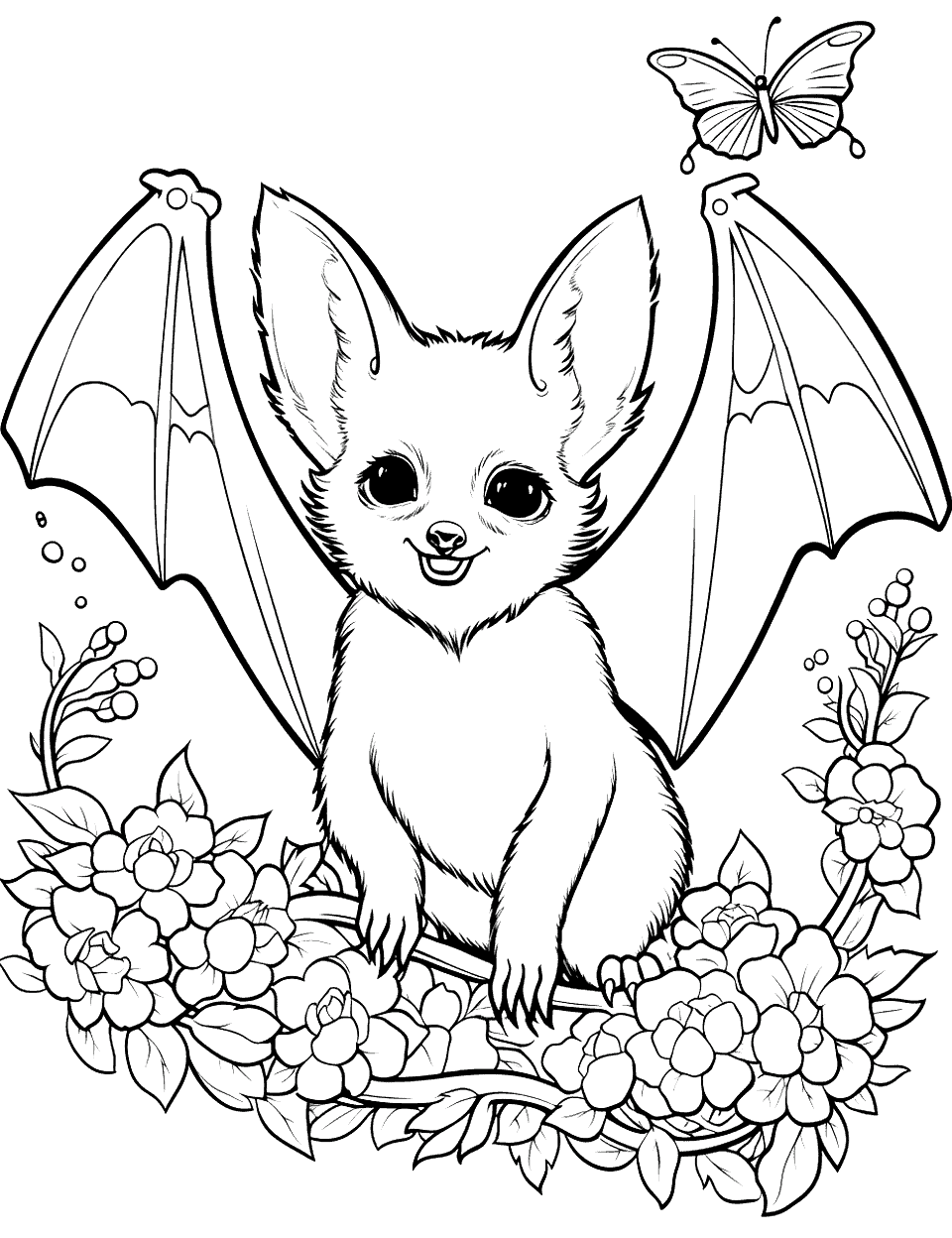 Bat Fox Hybrid Coloring Page - A bat mixed with a fox standing near night-blooming flowers and butterflies in a garden.