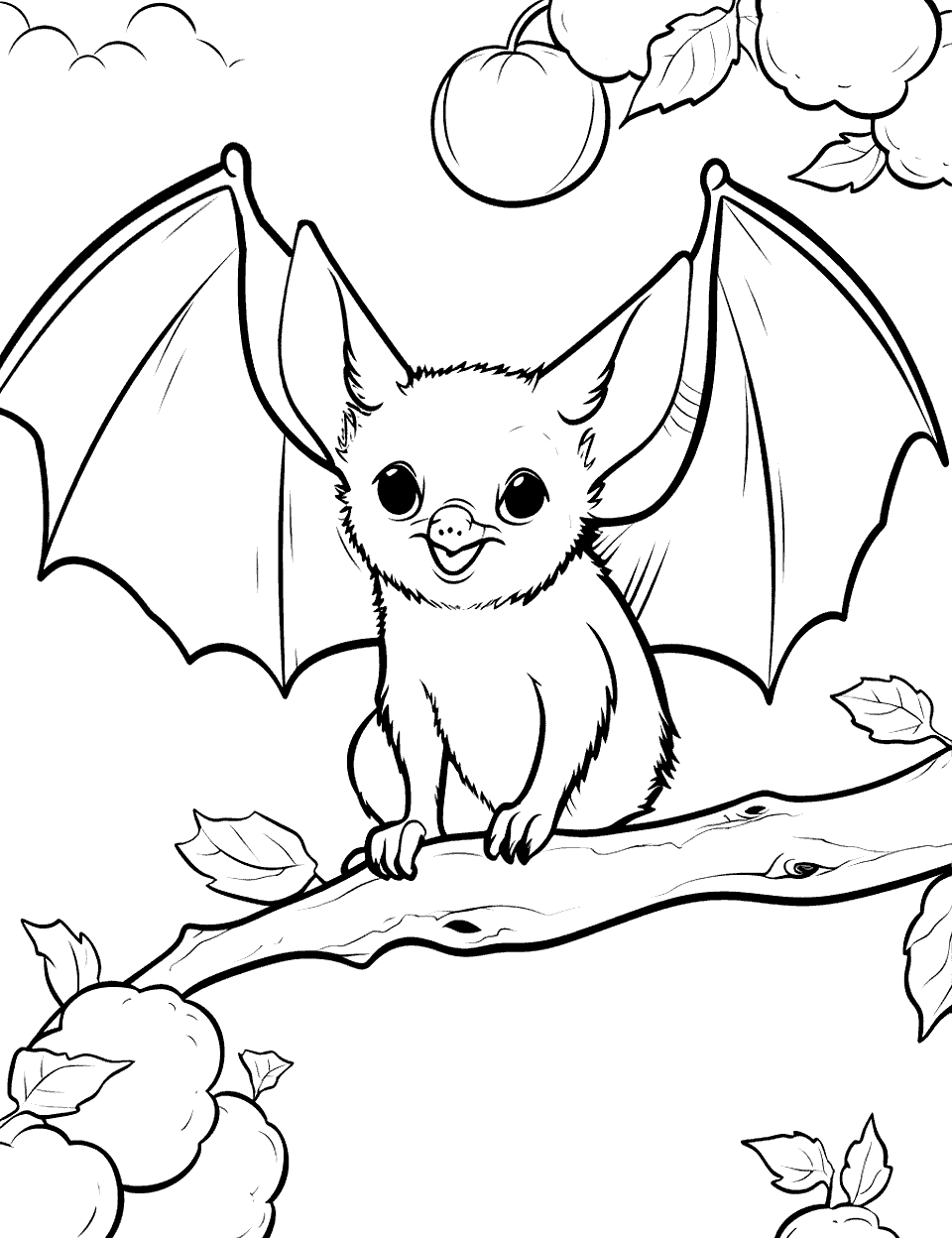 Fruit Bat Coloring Page - A happy fruit bat on a fruit tree looking for a fruit to eat.