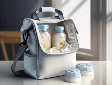 Breastmilk stored in a breast milk cooler bag