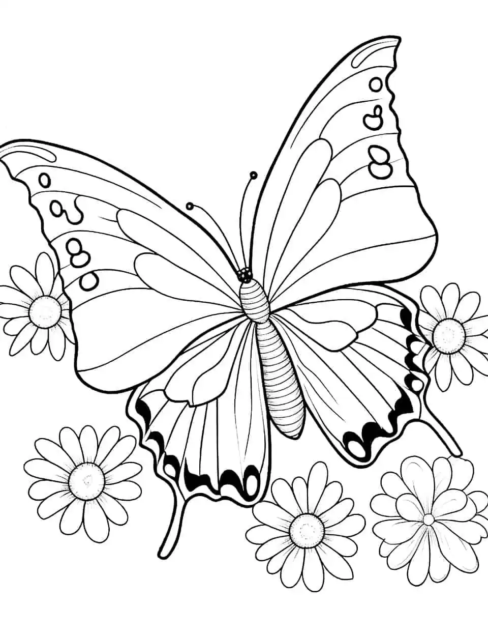 Nature's Symphony Butterfly Coloring Page - A coloring page showcasing butterflies and flowers in harmony with nature’s beauty.