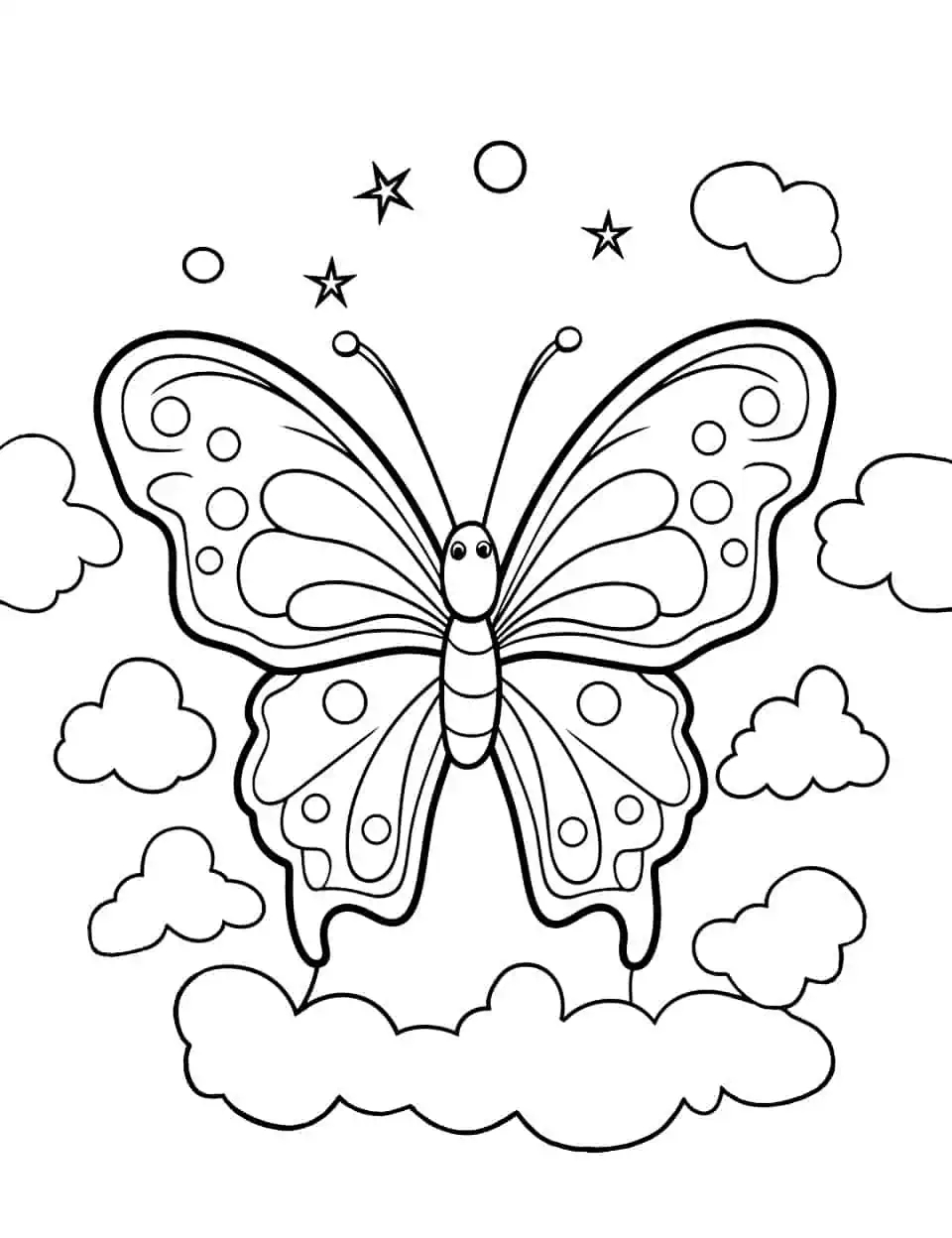 Butterfly Dreams Coloring Page - A dreamy coloring page depicting a butterfly amidst clouds and sparkling stars.