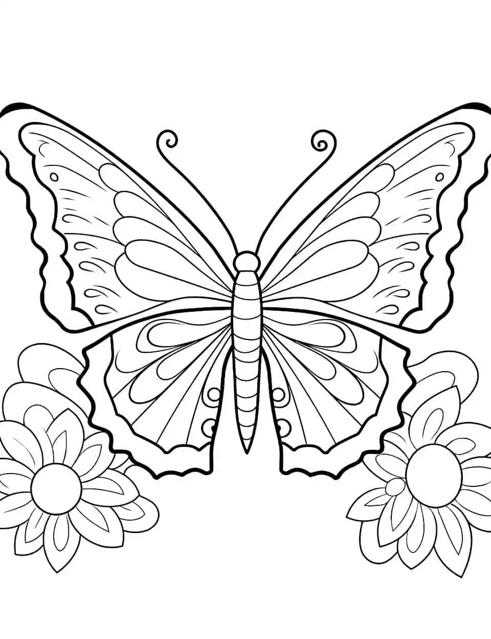 Blooming Beauty Butterfly Coloring Page - A coloring page featuring a butterfly perched on a large, vibrant flower.