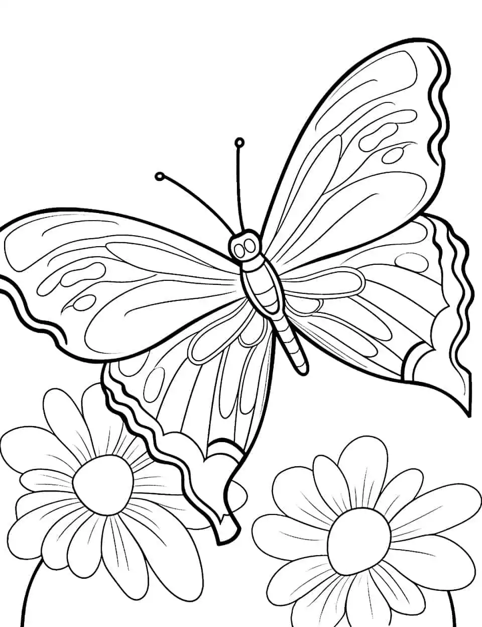 Blossoming Beauty Butterfly Coloring Page - A coloring page showcasing a butterfly gracefully landing on a blooming flower.