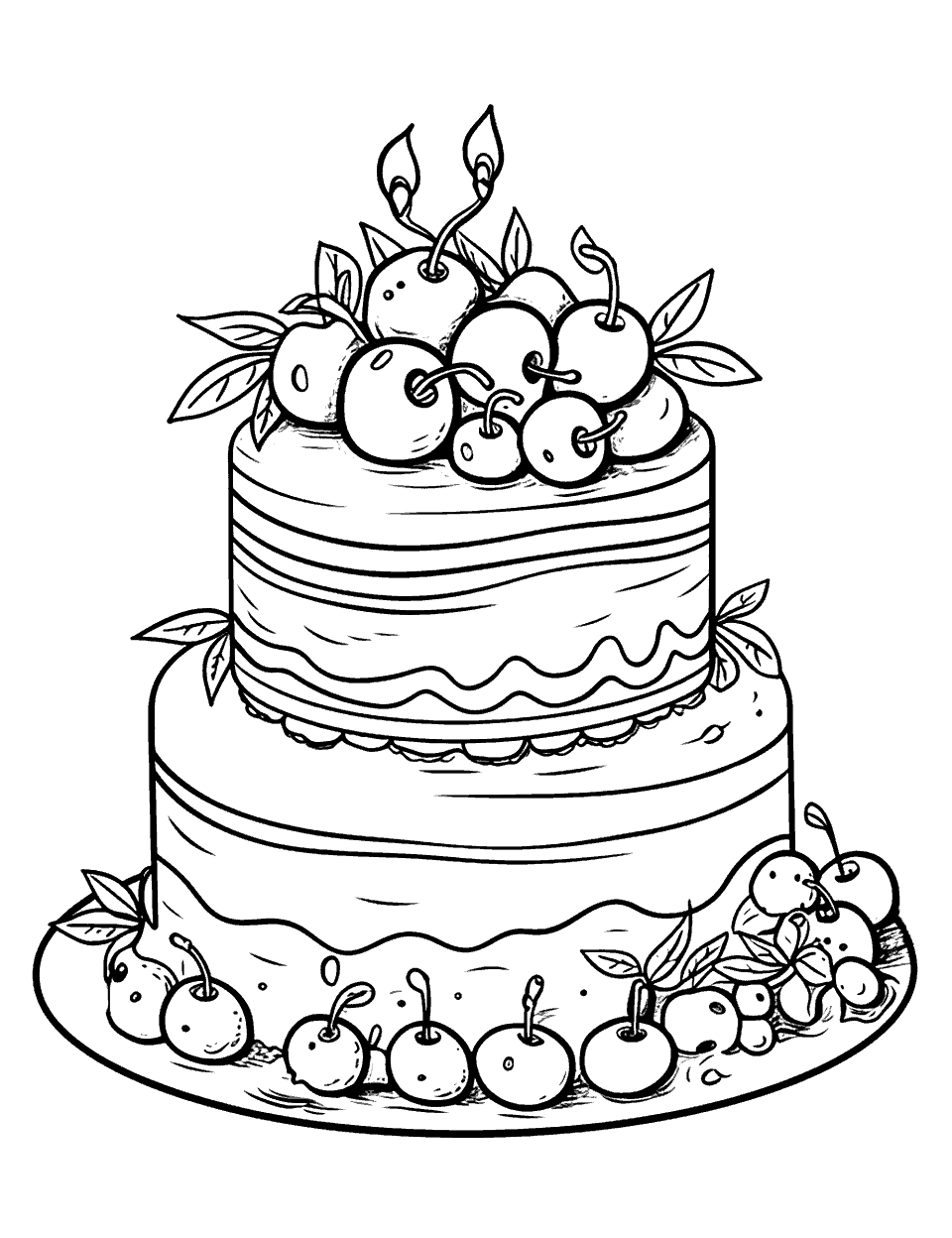 Blueberry Bliss Cake Coloring Page - A cake infused with blueberries and blueberry decorations.