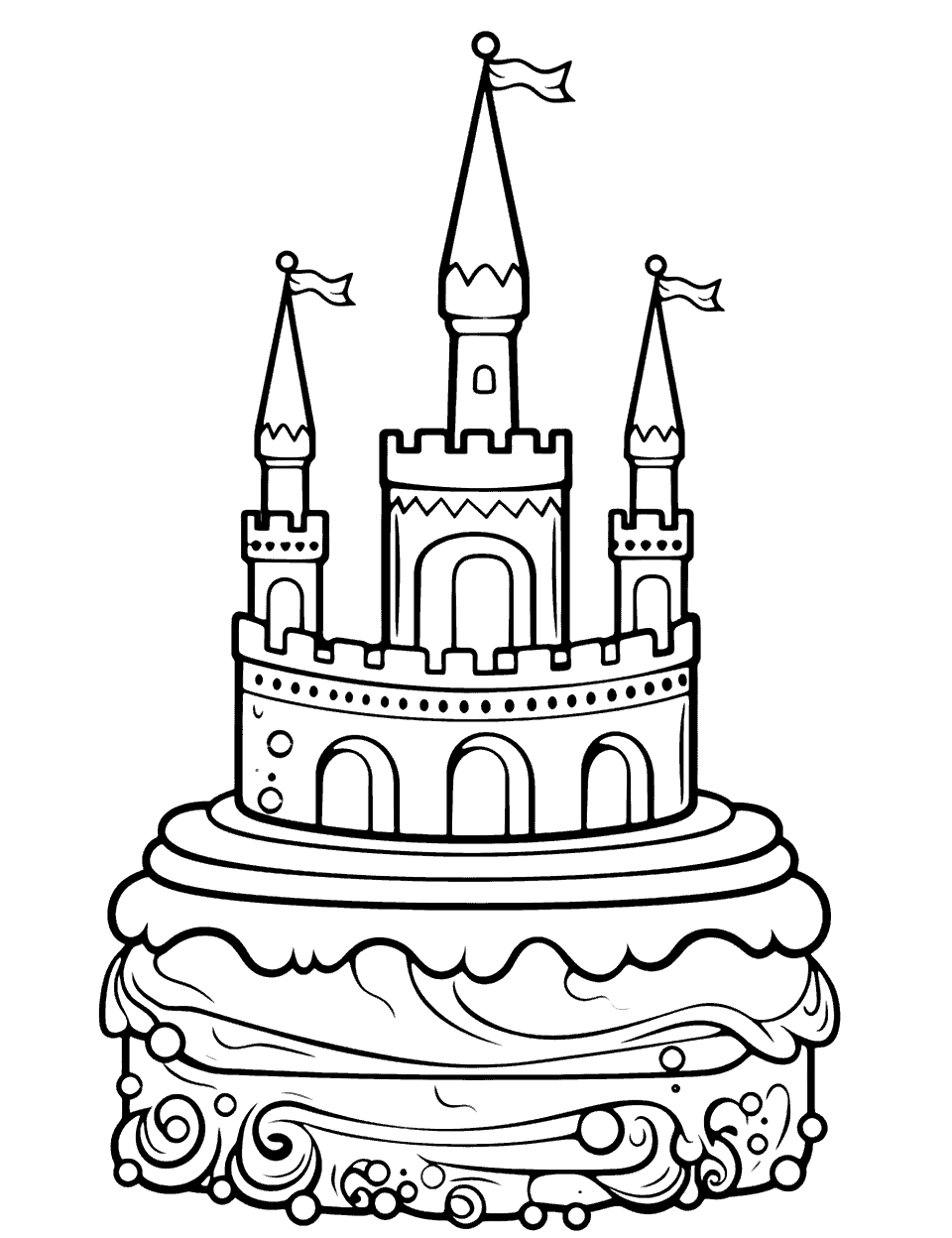 Fairy Tale Castle Cake Coloring Page - A cake shaped like a fairy tale castle with towers and flags.