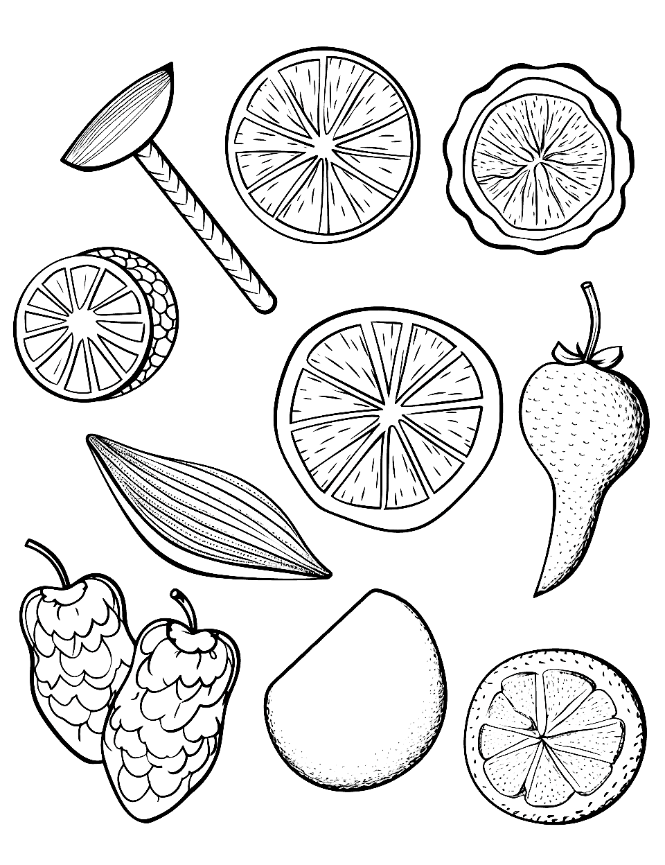 Realistic Fruit Candies Candy Coloring Page - A variety of detailed, realistic-looking candies shaped like different fruits.