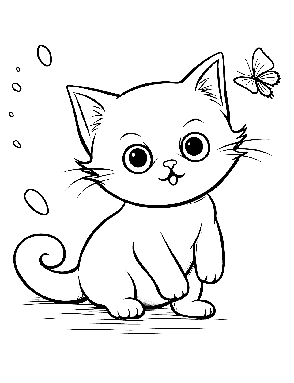 Chibi Cat Playing With a Butterfly Coloring Page - A Chibi-style cat playfully chasing a colorful butterfly.