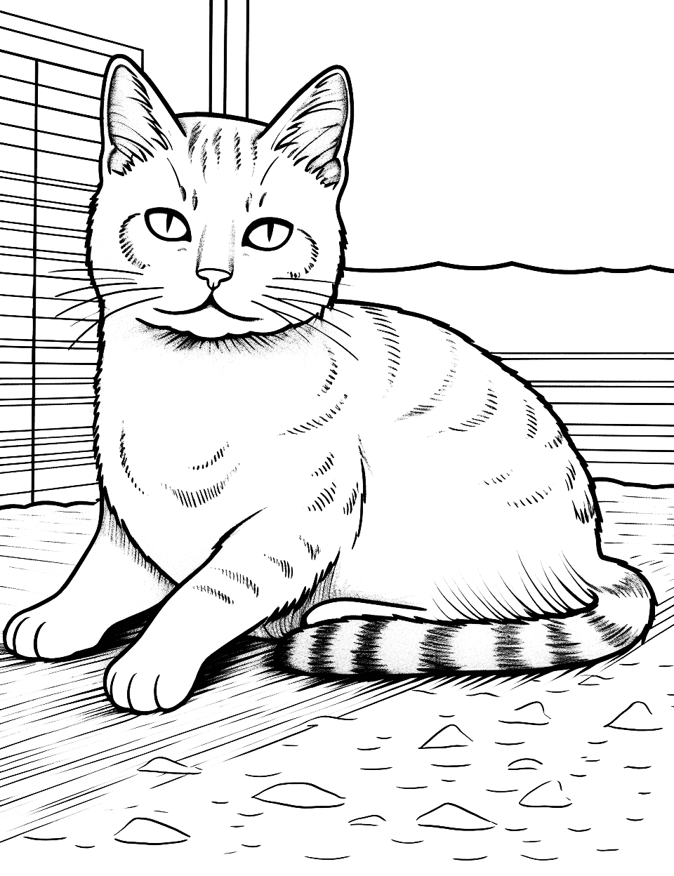 Realistic Tabby Cat Lounging in the Sun Coloring Page - A detailed and realistic depiction of a tabby cat lazily stretching in a patch of sunlight.