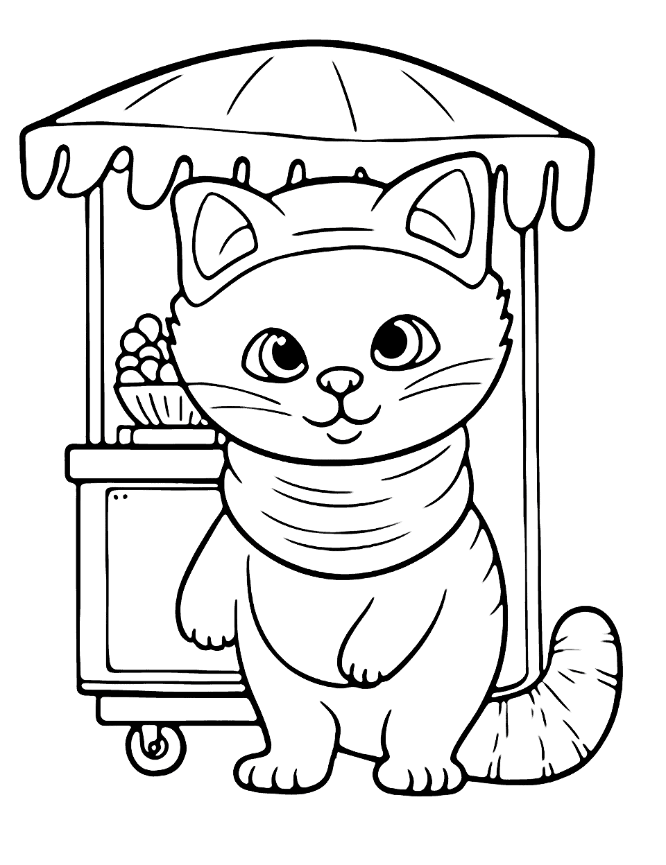 Ice Cream Vendor Cat Coloring Page - A cool cat selling various kinds of ice cream from a small stand.