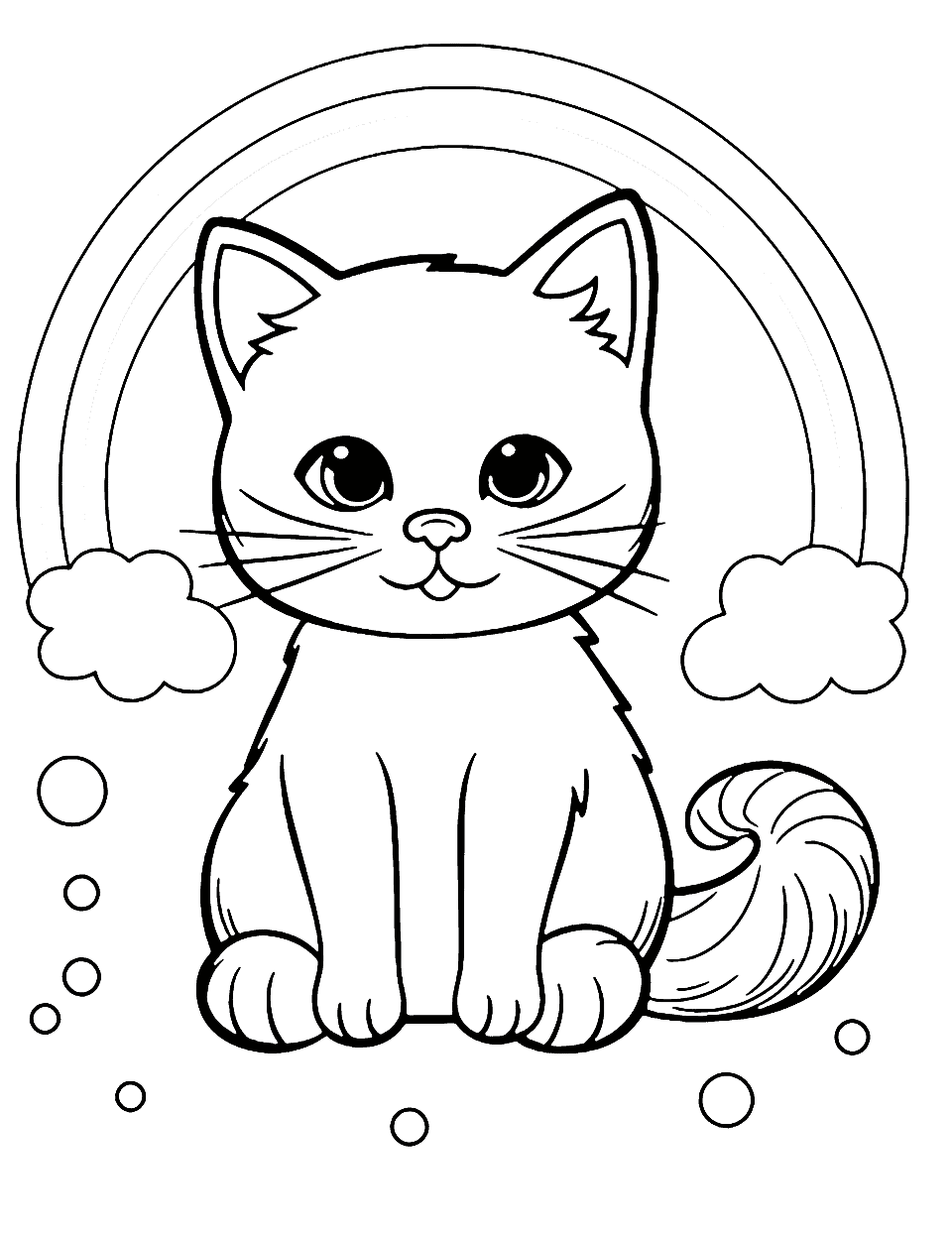 Cat and a Rainbow Coloring Page - A cat sitting under a rainbow, easy for preschoolers to color.