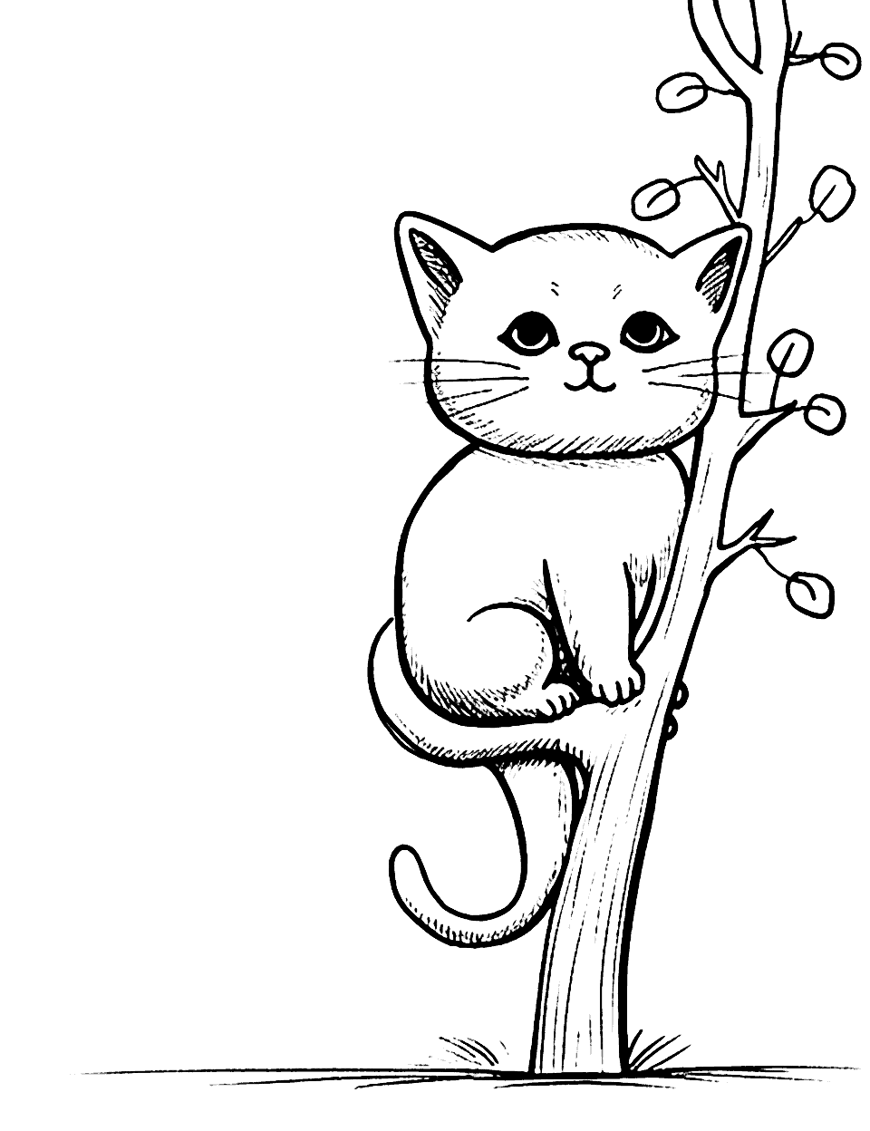 Baby Cat's First Climb Cat Coloring Page - A baby cat climbing a tree for the first time.