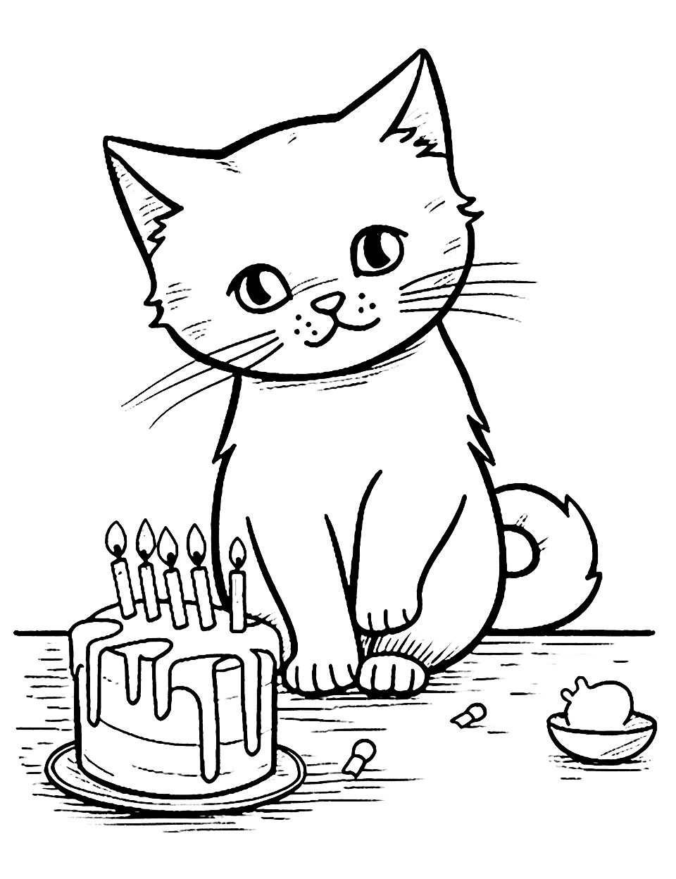 Birthday Cat Blowing Out Candles Coloring Page - A cat blowing out candles on a birthday cake.