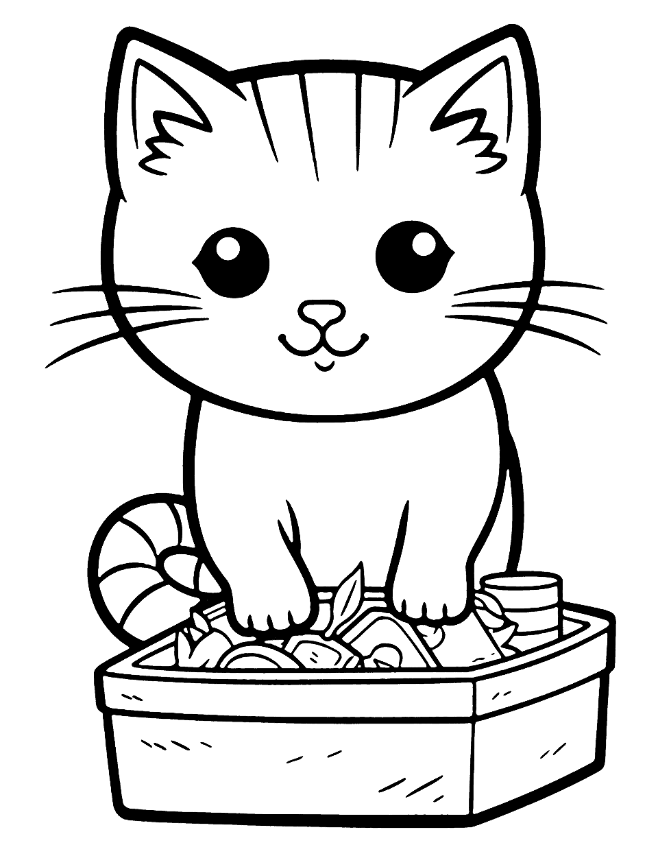 Kawaii Cat With a Bento Box Coloring Page - A kawaii cat eagerly opening a bento box full of delicious food.