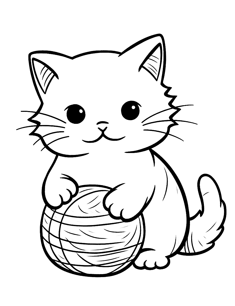 Cat and a Yarn Ball Coloring Page - An easy coloring page of a simple cat playing with a ball of yarn.