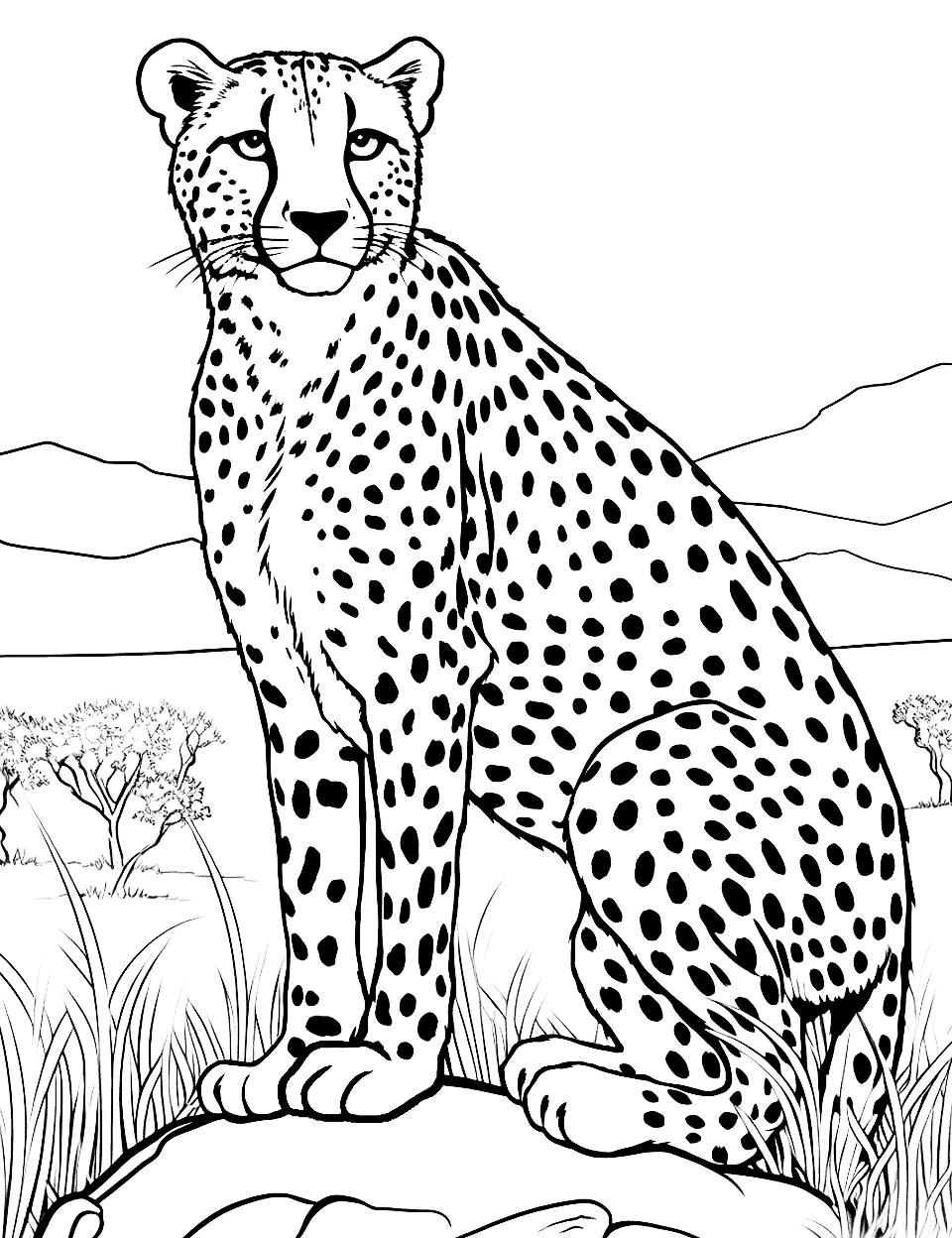South African Cheetah Coloring Page - A beautiful South African cheetah out looking for prey to hunt.