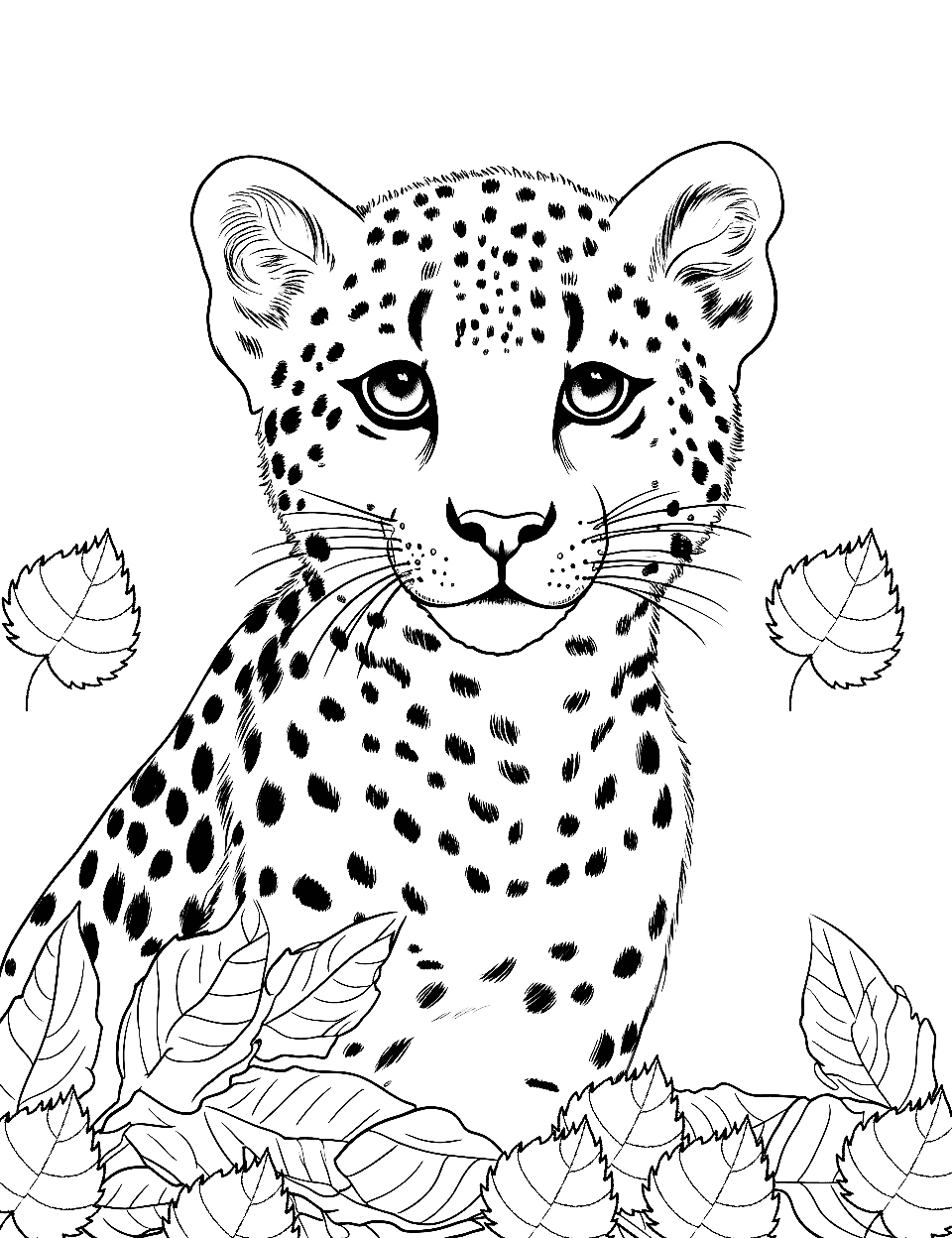 Cheetah with Autumn Leaves Coloring Page - A cheetah surrounded by autumn leaves.