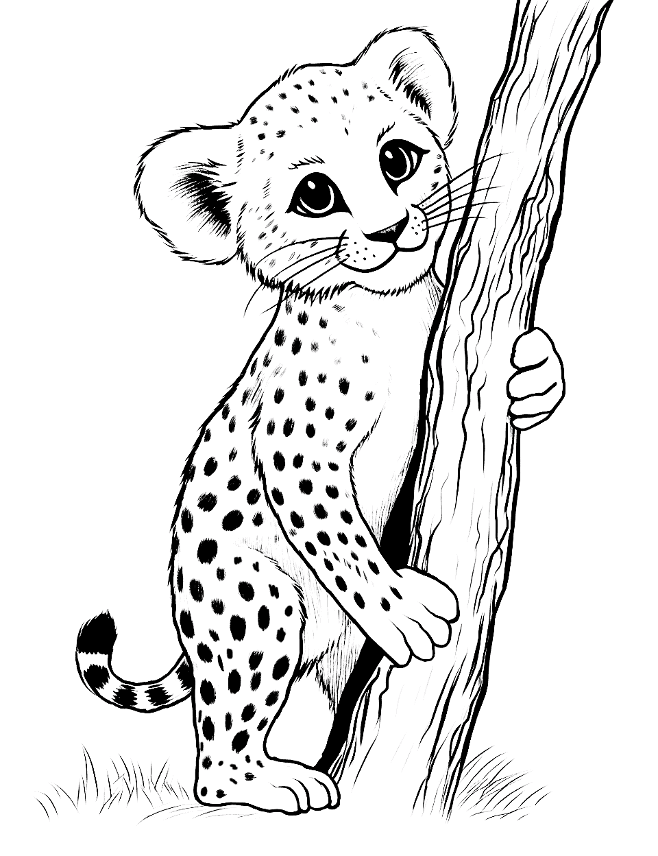 Cheetah Cub Trying to Climb a Tree Coloring Page - A humorous scene of a cheetah cub clumsily trying to climb a tree.