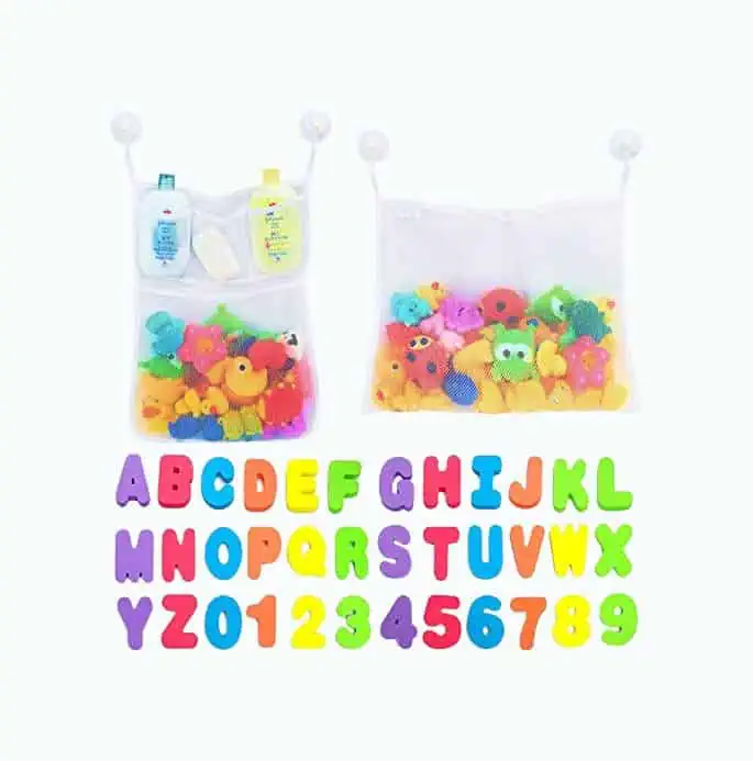 Product Image of the Comfylife 2 x Mesh Bath Toy Organizer + 6 Ultra Strong Hooks + 36 Bath Letters &...