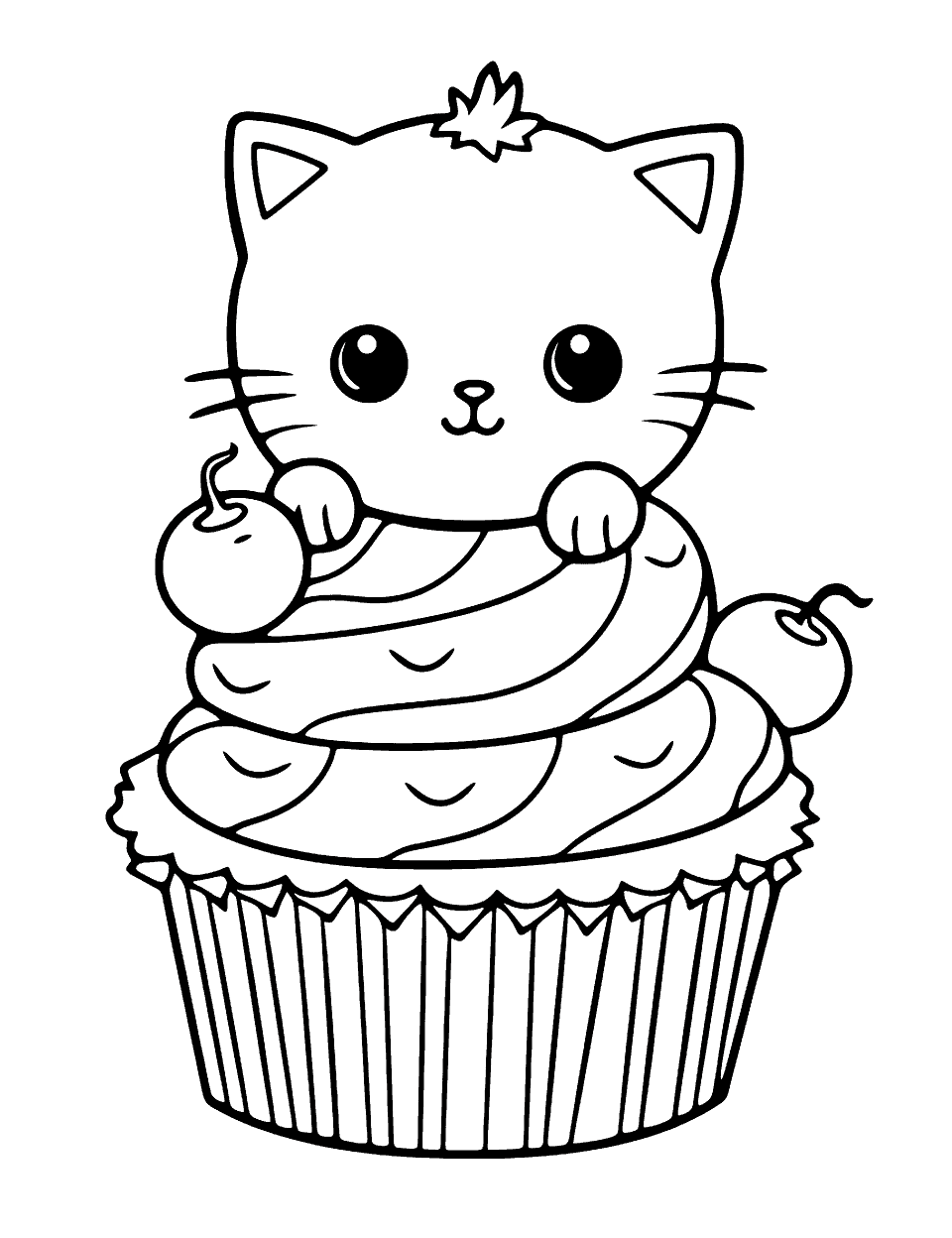 Cute Kitten with Cupcakes Cupcake Coloring Page - A small kitten sitting on top of a colorful cupcake.