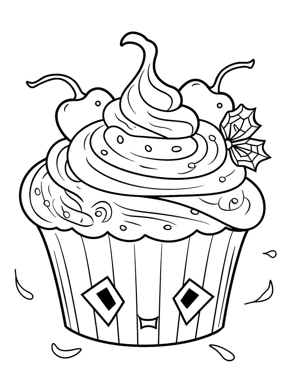 Halloween Themed Cupcake Coloring Page - A spooky cupcake decorated with Halloween motifs.