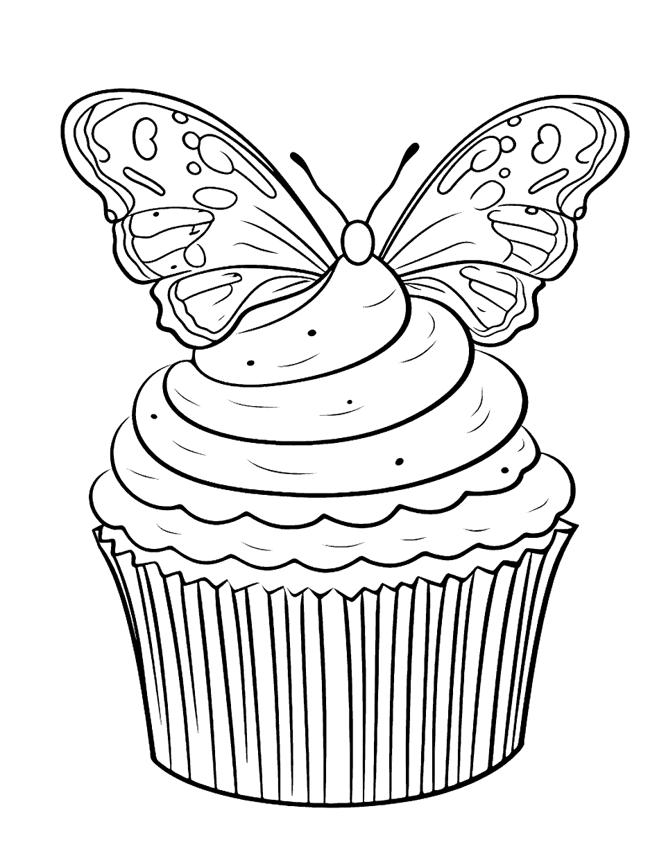 Butterfly Cupcake Coloring Page - A delicate butterfly designed unique cupcake.