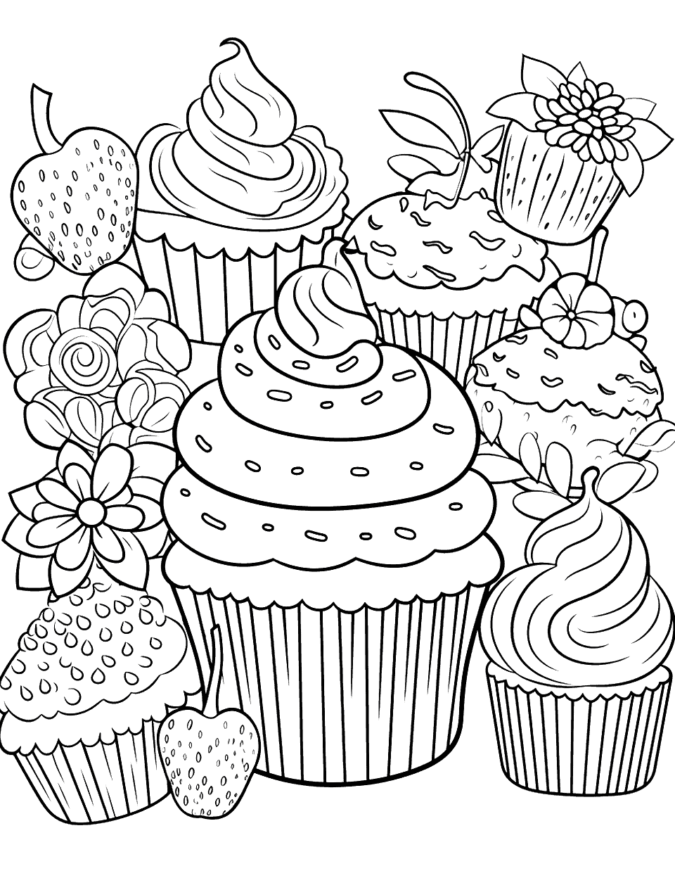 Cupcake Wonderland Coloring Page - Multiple cupcakes arranged in a whimsical garden setting.