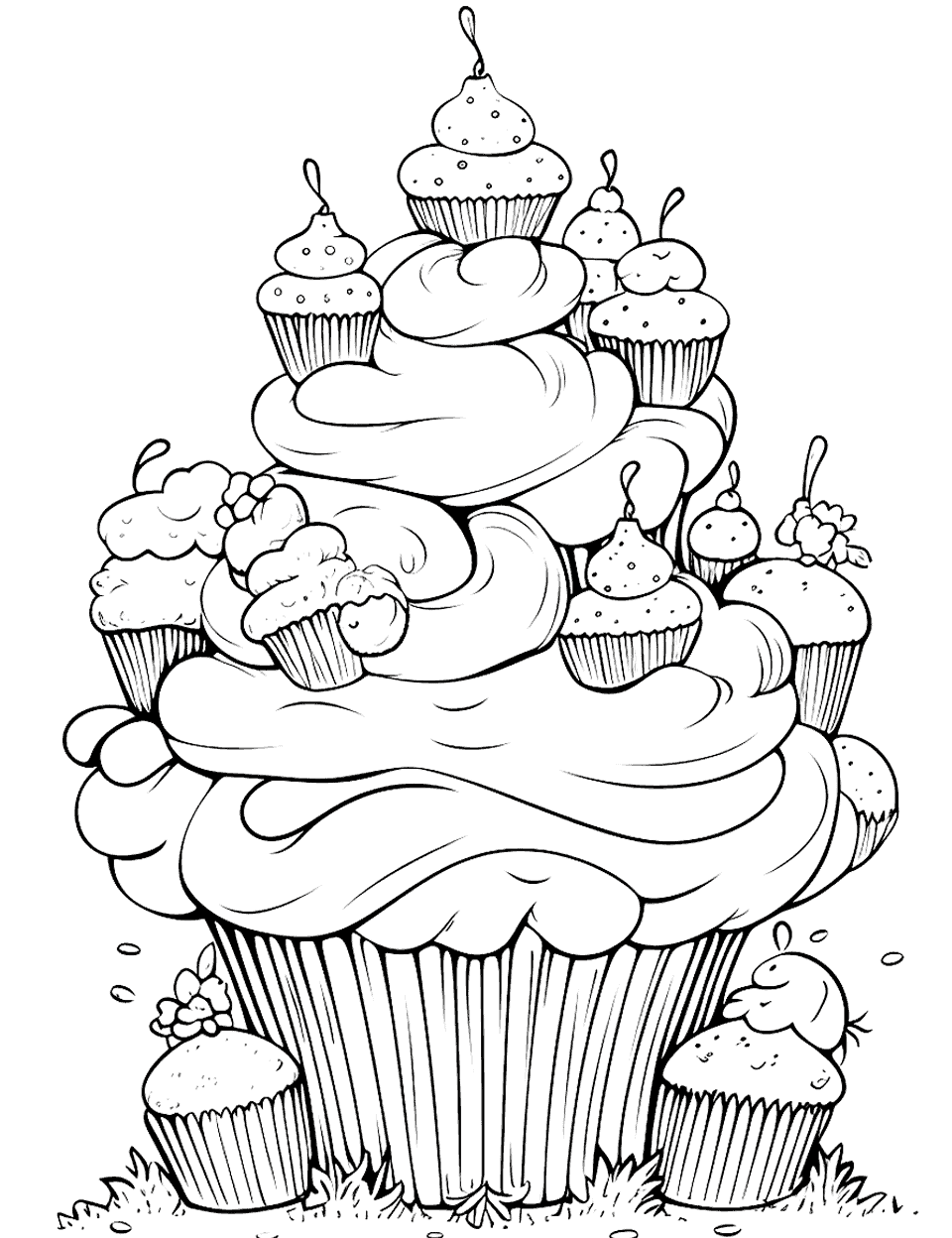 Cupcake Tree Coloring Page - A scene with cupcakes arranged like tree branches.