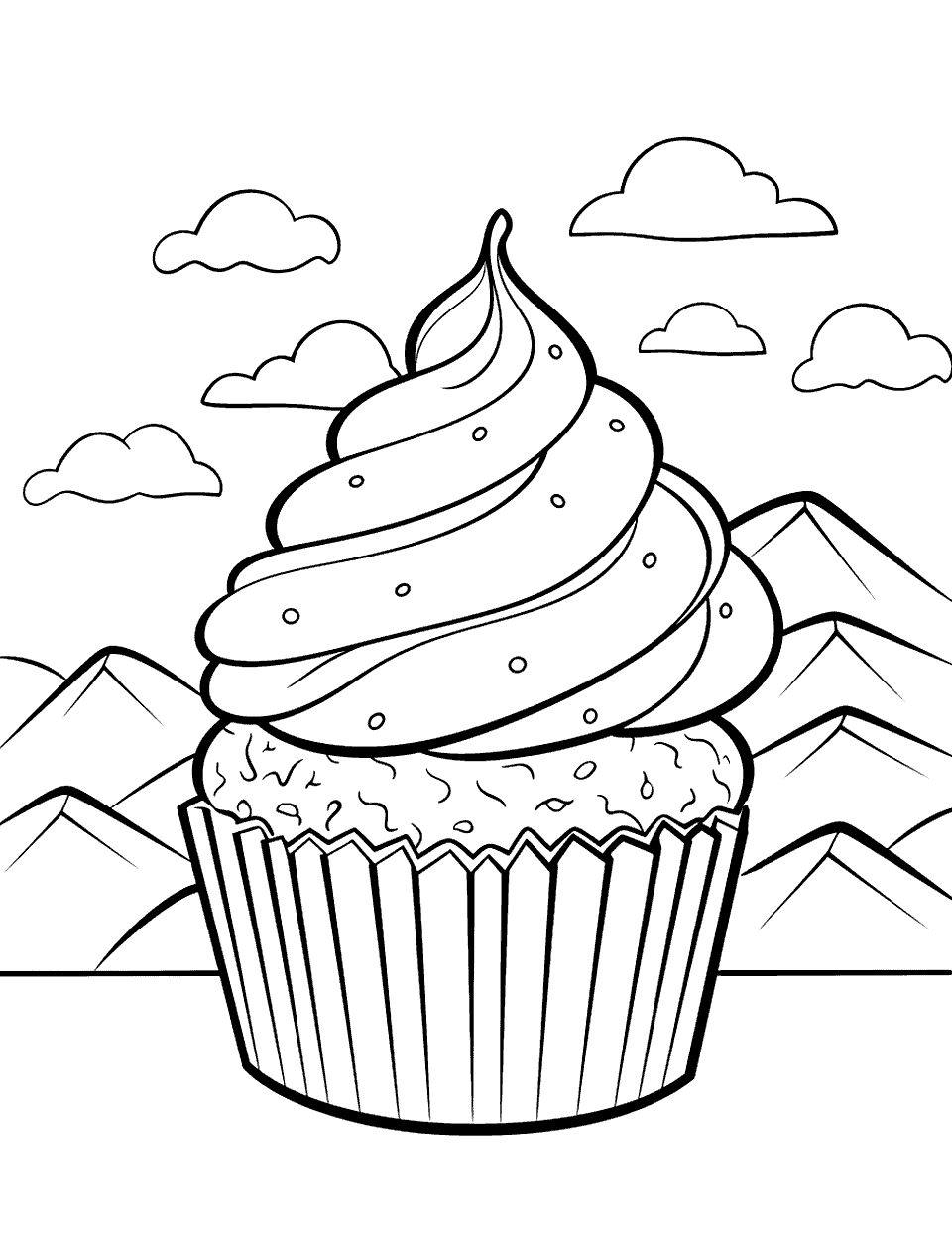 Mountain Landscape Cupcake Coloring Page - A cupcake with a mountain landscape as the backdrop.