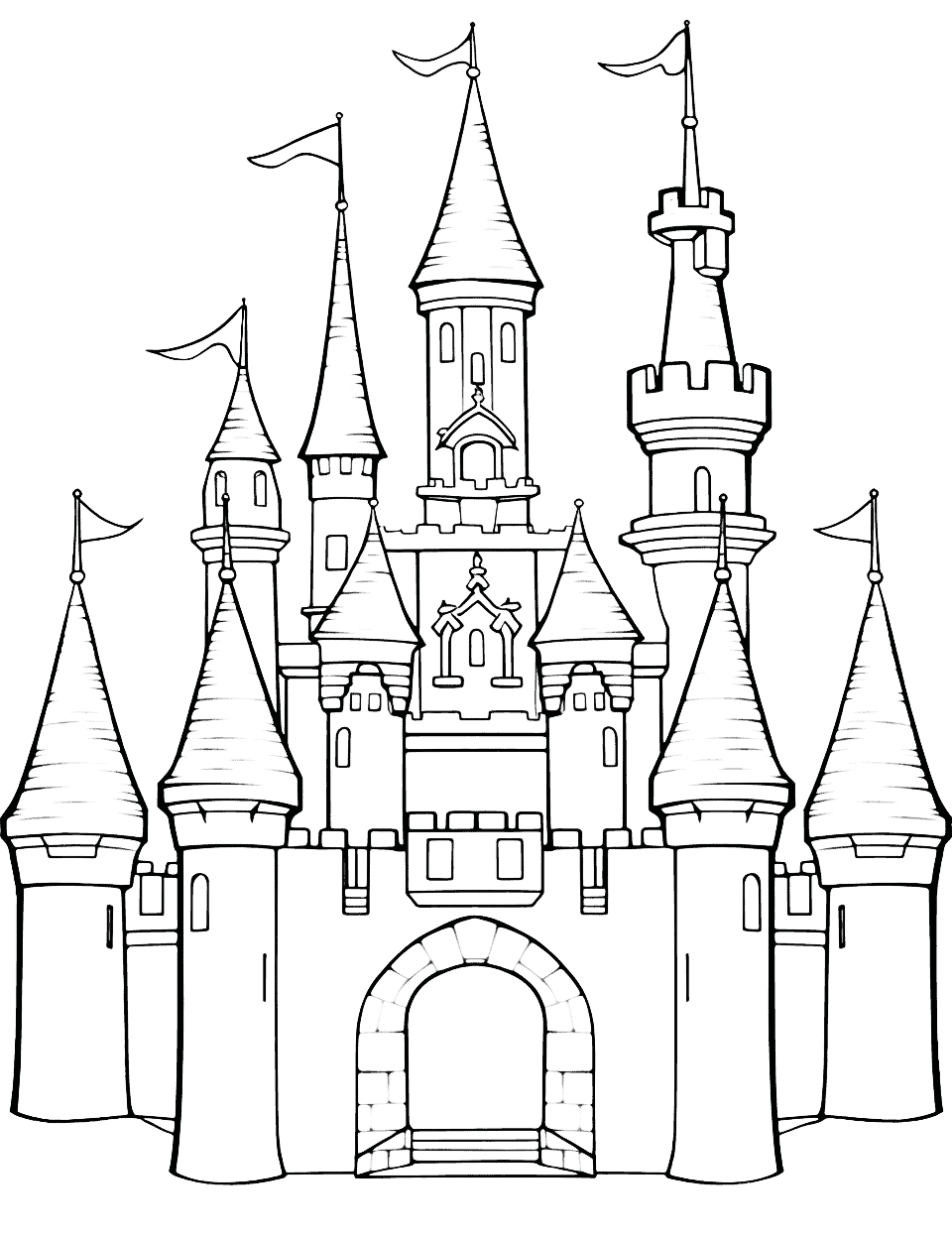 Disney Princess Castle Cute Coloring Page - A beautiful Disney-themed castle with tall towers, thick stone walls, and pointy rooftops.