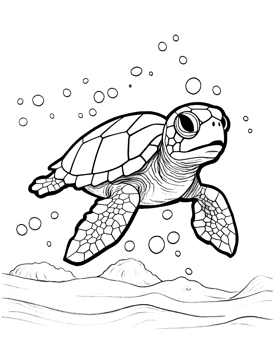 Baby Sea Turtle Cute Coloring Page - A tiny sea turtle swimming in the ocean.