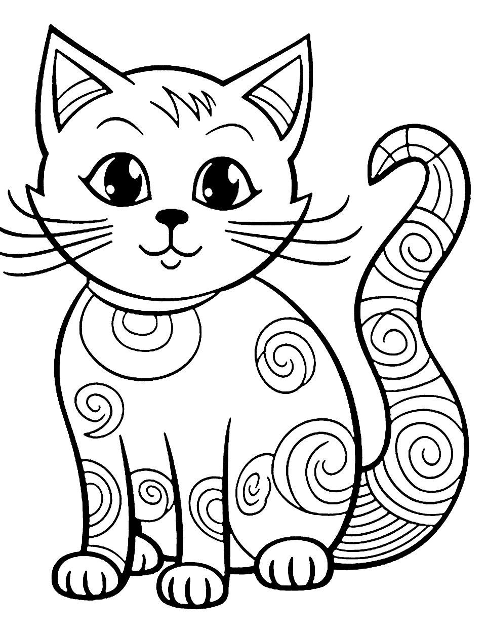 Doodle-Style Cat Cute Coloring Page - A cat drawn in a doodle style with playful patterns and shapes.