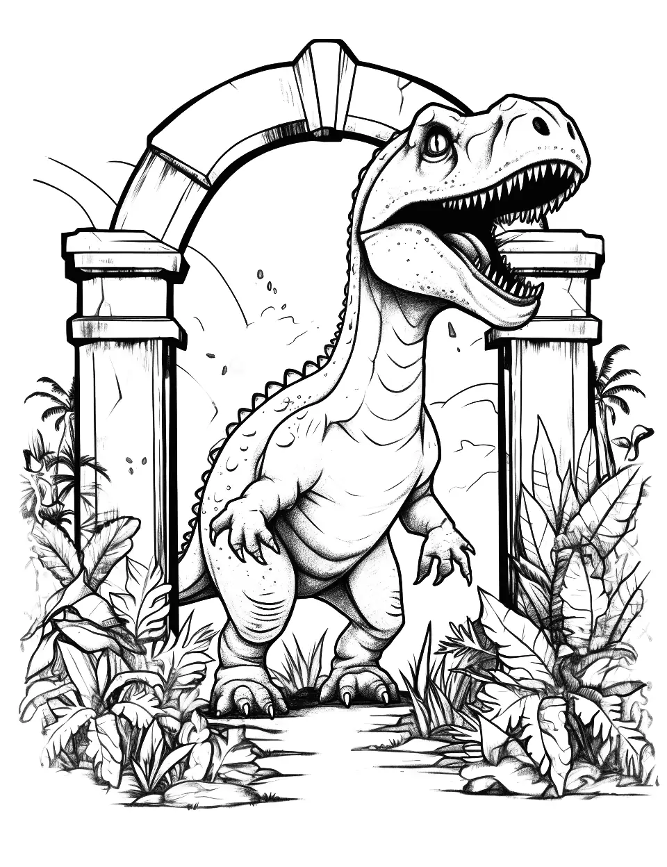 Jurassic World Gates Dinosaur Coloring Page - The iconic gates of Jurassic World with a roaring T-Rex in the background.