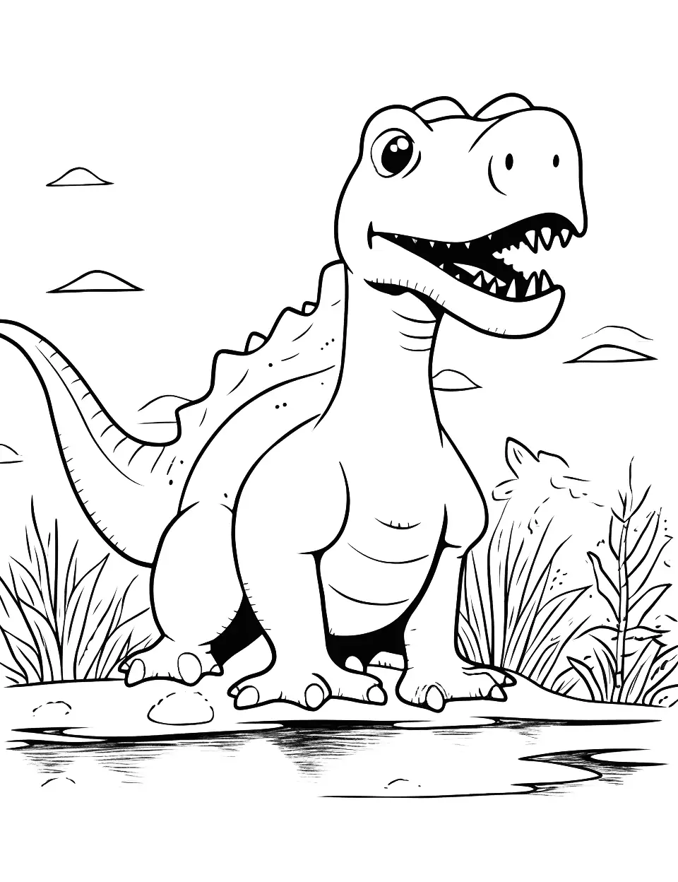 Baryonyx in the Swamp Dinosaur Coloring Page - A Baryonyx hunting for fish in a prehistoric swamp.