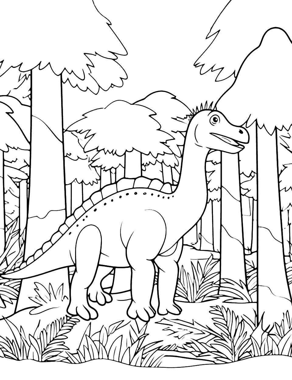 Parasaurolophus in the Forest Dinosaur Coloring Page - A Parasaurolophus calling to its herd in a dense forest.