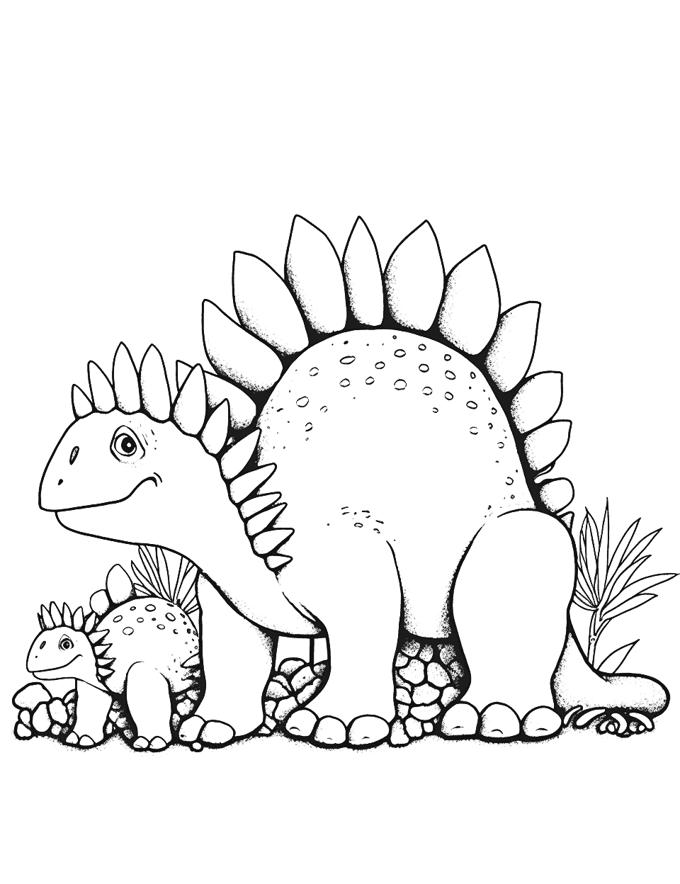 Stegosaurus Family Dinosaur Coloring Page - A family of Stegosaurus grazing peacefully.